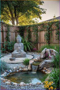 a buddha statue sitting in the middle of a small pond surrounded by rocks and plants