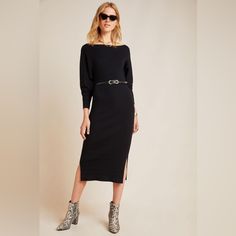 Nwt, Never Work! Anthropologie Shea Sweater Dress. Ribbed Material In Black With Split Hem. Long Sleeve Black Dress Outfit, Midi Sweater Dress Outfit, Black Sweater Dress Outfit, Long Sleeve Black Dress, Sweater Midi Dress, Sleeve Black Dress, Fall Sweater Dress, Basic Black Dress, Midi Sweater Dress