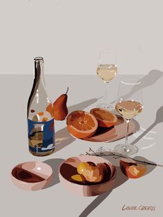 a painting of food and wine on a table