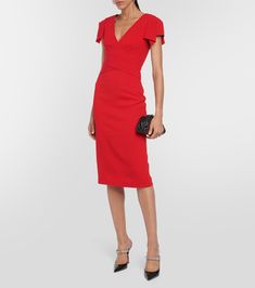 V Neck Midi Dress in Red - Roland Mouret | Mytheresa Dress Work Outfit, Cocktail Dress Style, Corporate Dress, Dress Work, Red Cocktail Dress, V Neck Midi Dress, The Desk, Dress Home, Roland Mouret