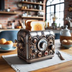 a toaster sitting on top of a wooden table