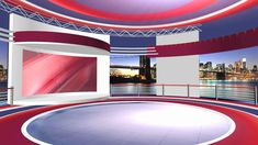 an empty television studio with red, white and blue colors on the walls in front of city skylines