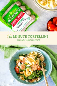 a bowl of pasta with spinach and tomatoes next to a bag of tortelli