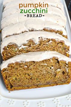 two slices of pumpkin zucchini bread on a white platter with the title above it