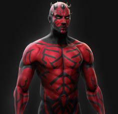 a man with red paint on his face and chest, standing in front of a black background