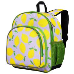 a yellow and green backpack with lemons on it