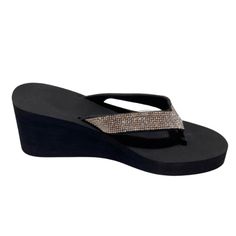 These Lightweight Open-Toe Thong-Style Wedge Flip-Flops Have Stylish Diamond-Sequins Strapsdouble-Layered Foam Footbed With A Rubber Textured Non-Slip Sole. Color: Black Material: Synthetic Heel: 3." The Sandals Run A Little Small, So Please Size Up Half A Size. Synthetic Wedge Sandals For Beach Party, Party Wedge Sandals For Beach Season, Party-ready Synthetic Wedge Sandals For Beach Season, Synthetic Rhinestone Wedge Sandals For Beach, Synthetic Wedge Sandals With Rhinestones For Vacation, Vacation Synthetic Wedge Sandals With Rhinestones, Synthetic Rhinestone Wedge Sandals For Vacation, Beach Wedge Sandals With Rhinestones, Black Rhinestone Wedge Sandals For Beach