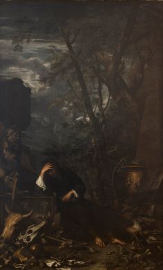 a painting of a man sitting in a wooded area