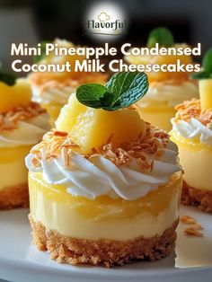 mini pineapple condenseed coconut milk cheesecakes on a white plate with text overlay