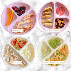 four plates with different foods in them on a marble counter top, including vegetables and meats