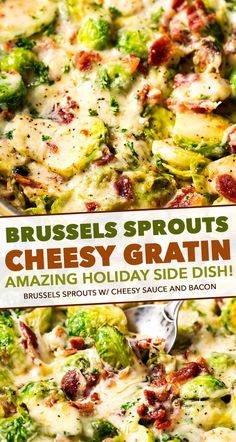 broccoli and cheese gratin on top of a pizza with a sign reading brussels sprouts cheesy gratin