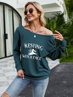 Resting Witch Face Halloween Sweatshirt Resting Witch Face, Linen Overalls, Pumpkin Outfit, Halloween Clothing, Witch Face, Solid Color Jumpsuits, Loose Jumpsuit, Halloween Hoodie, Halloween Looks