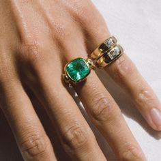 5.90ct Muzo Emerald Cushion Cut and Diamond Three Stone Ring Antique Emerald Ring, Antique Cushion Cut Diamond, Emerald Stone Rings, Antique Cushion Cut, Diamond Three Stone Ring, Emerald Ring Vintage, Antique Cushion, Diamond Bracelet Design, Engagement Rings Cushion