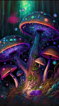 a painting of mushrooms in the forest with colorful lights and bubbles on their tops, all around them