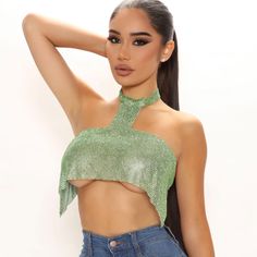 Green Top Size Large Glamorous Green Summer Tops, Trendy Green Crop Top For Party, Pearl Crop Top, Twist Front Crop Top, Tie Dye Blouse, Multi Color Blouse, Fashion Nova Tops, Cutout Bodysuit, Tops Fashion