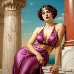 a painting of a woman in a purple dress sitting on a ledge next to columns