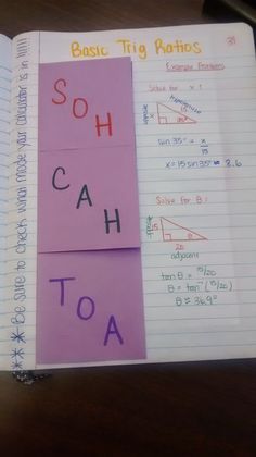 an open notebook with writing on it that says, soh cah toa