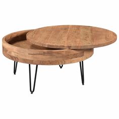 two wooden trays with hairpin legs are stacked on top of each other in the shape of a coffee table