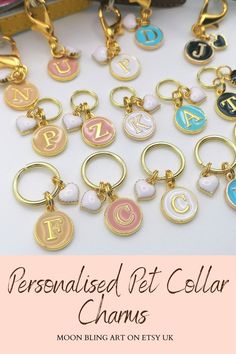 Personalised initial pet charms. Enamel letter charms in various colours, white, beige, black, blue, pink. With tiny enamel heart charm and split rings or clasp for easy assemble to collars.
Perfect gift for dog mums, cat mums, can be an addition to keychains, or pet harness, cat and dog collars Pet Tags Personalized, Dog Collar Tags, Christmas Charms