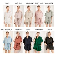 Minimalist Style Satin Short Pjs Fabric: Shiny Luxury Satin(higher cost than matte satin) Size: XS/S,M/L,XL/XXL,3XL/4XL,Total 4 Sizes Color: White, Blush Pink, Champagne, Dusty Rose, Sage Green,  Pale Dusty Blue, Maple-Red, Navy, Dark Green, Black Design Feature Minimalist Style  Pants - 2 pockets ;Top Back Patch Design Waist Fixed Belt Décor  Dye Fabric Button Extra Plus Size Available Size available  S:6-8 M:8-10 L:12-14 XL:14-16 XXL:16-18 They come personalised on the front, with your initials/name; or plain without personalisation (choose from drop down menu) . **Colours may appear different due to monitors/screens.** Solid Short Sleeve Bedtime Sets, Solid Color Short Sleeve Sleepwear For Pajama Party, Summer Wedding Night Short Sleeve Sleepwear, Solid Color Summer Bedtime Sets, Summer Bedtime Solid Color Sets, Solid Summer Sleepwear For Home, Relaxed Fit Sleep Sets With Shorts, Solid Summer Sleepwear For Wedding Night, Solid Sleepwear For Wedding Night In Summer