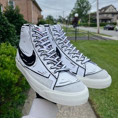 Purchase On My Custom Sneaker Instagram (@_lacedbylee) For $50 Cheaper Custom Painted Nike Blazers (High Top) “Cartoon” Style Design Hand Painted With Angelus Leather Paint Sealed And Finished With Angelus Finisher Waterproof & Scratch Resistant Colors Can Be Adjusted To Your Liking Design Can Be Done With Any Shoe All Sizes Available!!! (Men’s, Women’s & Kids) Processing Time : 2-3 Weeks Cartoon Style Shoes, Custom Nike Lace-up Sneakers, Nike High-top Custom Sneakers With White Laces, Nike Custom Casual Sneakers With White Laces, Nike Blazer Custom, Nike Blazers High, Nike Shoes Custom, Custom Nike Blazers, Sneakers Instagram