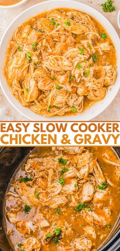 easy slow cooker chicken and gravy in a white bowl