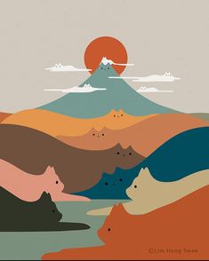 an image of mountains with animals in the foreground and a sun setting behind them