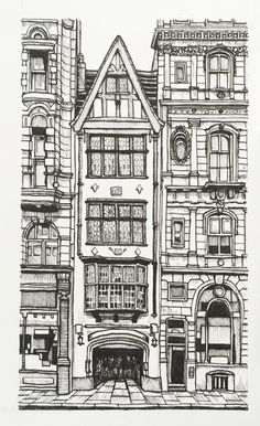 a black and white drawing of a building with an arched entrance to the front door