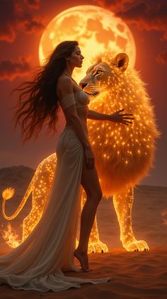 a woman standing next to a lion in front of a full moon with fire on it