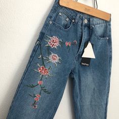 Details & Care Floral Embroidery Adds To The Feminine Appeal Of On-Trend 'Mom' Jeans Cut With A Super High Rise Waist And Tapered Legs. 90’s Jeans 26" Inseam; 11" Leg Opening; 11 1/2" Front Rise; 15" Back Rise (Size 30 X 30) 25 1/2" Inseam; 12" Leg Opening; 11" Front Rise; 14 1/2" Back Rise (Size 30 X 28). Zip Fly With Button Closure. Five-Pocket Style. High Rise. 100% Cotton. High Waist Embroidered Blue Pants, Blue Embroidered High Waist Pants, Blue Embroidered Spring Pants, High-waist Blue Jeans With Floral Embroidery, High Waist Blue Jeans With Floral Embroidery, High Waist Embroidered Fitted Pants, Fitted Floral Embroidery Jeans For Summer, Embroidered Fitted Jeans For Summer, Fitted Embroidered Jeans For Summer