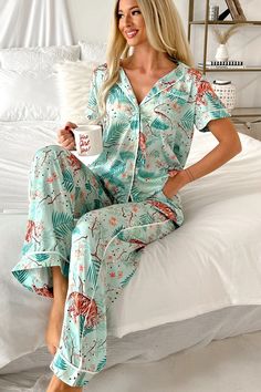 Sleeping Tiger Satin Pajama Set (Mint) · NanaMacs Ruched Swimwear, Shirt Collar Styles, Lounge Party, Style Lounge, Flying Monkey Jeans, Satin Pyjama Set, Large Dress, Satin Pajamas, Jeans Size Chart