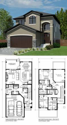 two story house plans with garage and living room in the front, one bedroom on the second