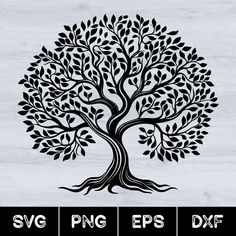 the svg tree is shown in black and white, with leaves on it's branches