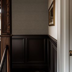 Hand Me Down (Brown) - Patterned Wallpaper Tiny Hallway Wallpaper, Bedroom Interior Design Wallpaper, Two Tone Molding Wall, Wallpapered Bar Area, Dark Painted Paneling, Wallpaper On Top Of Wainscoting, Traditional Style Wallpaper, Brick House Brown Trim, Moody Room With White Walls