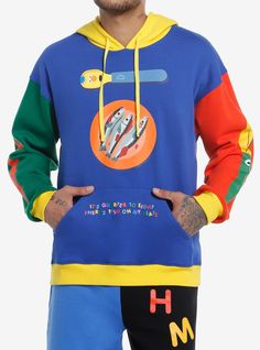 Rep your fave show Don't Hug Me I'm Scared with this color-block hoodie. It features Red Guy  Yellow Guy and Duck as utensils on the sleeves and chest  with a plate of fish and text reading  "It's Quarter to Eight There's Fish On My Plate." Front kangaroo pocket and drawstring hood.60% cotton; 40% polyesterWash cold; dry lowImportedListed in men'sunisex sizesModel is 6'1"Model wears size Medium Multicolor Hoodie Sweatshirt With Letter Print, Multicolor Letter Print Hoodie Sweatshirt, Multicolor Winter Sweatshirt With Kangaroo Pocket, Sporty Multicolor Hoodie For Winter, Sporty Multicolor Winter Hoodie, Multicolor Streetwear Sweatshirt With Kangaroo Pocket, Multicolor Sweatshirt With Kangaroo Pocket For Streetwear, Multicolor Kangaroo Pocket Sweatshirt For Streetwear, Blue Patchwork Sweatshirt For Streetwear