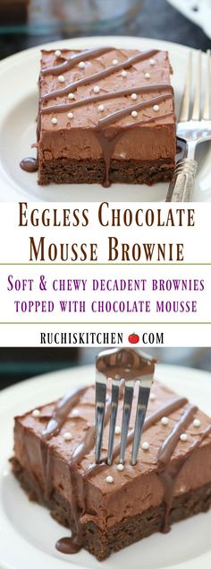 eggless chocolate mousse brownie on a white plate with fork and knife