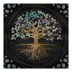 a painting of a tree with leaves and roots in a circle on a black background