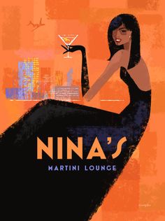 a woman in a long black dress holding a martini glass with the words ninja's on it