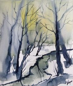 watercolor painting of trees in the snow