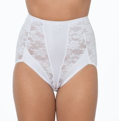 Final Sale Item -- All close-out / final sale items are non-returnable and non-exchangeable. Cortland Intimates Style 4096 Light Support Women's Lace Panty Brief - 80% Nylon 20% Spandex front panel for tummy shaping. Four-way soft stretch fabric for ultimate control. Cotton lined crotch. Plus Sizes Available High waisted full brief is imported Fitted White Bottoms With Contoured Waistband, White Bottoms With Wide Waistband In Elastane, White Fitted Bottoms With Contoured Waistband, White High Stretch Bottoms With Contoured Waistband, White High-waist Smoothing Shapewear, White High Waist Smoothing Shapewear, Micro-elastic White Elastane Bottoms, White Full Coverage Stretch Shapewear, Supportive Full Coverage White Bottoms