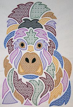 a colorful monkey is depicted on a white background with multicolored patterns and black eyes