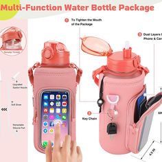 a pink water bottle with an iphone in it and instructions on how to use it