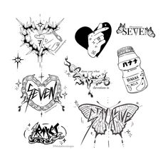 several different tattoos and designs on a white background with the word love written in black ink