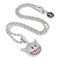 Our classic devil emoji is now available as a stainless steel King Ice necklace. Each necklace is iced with colored round and trillion cut VVS Diamond Simulates to detail the infamous emoji expression. Devil Emoji, Ice Necklace, Vvs Diamond, Infamous, Rope Chain, Gold Plate, White Gold, Plating, Personalized Items