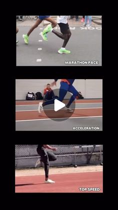 three different shots of a man running on a track with the caption marathon pace