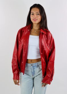 Make a bold statement with this Oversized PU Leather Bomber Jacket in vibrant red! With its oversized fit and sleek design, it's perfect for adding a pop of color to any outfit. The PU leather exterior offers an edgy, stylish touch, while the soft polyester lining ensures comfort. Pair it with jeans and boots for a standout look that's effortlessly cool. The Details Oversized Fit PU Leather Exterior Bold Red Color Shell: 55% Polyester, 45% Polyurethane Lining: 100% Polyester [#other] Hand Wash C Going Out Skirts, Mini Skirt Dress, Bodycon Dresses Casual, Sweat Joggers, Flare Leg Jeans, Sweater Sale, Midi Maxi Dress, Red Jacket, Skirts For Sale