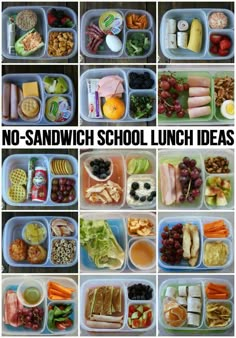 there are many different lunches in the trays with words above them that say no sandwich school lunch ideas