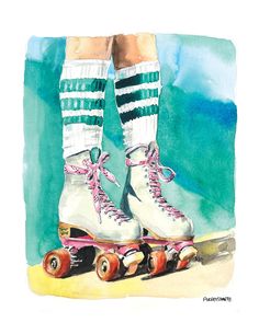 a watercolor painting of a pair of roller skates