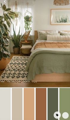 a bedroom with white walls and green plants in the corner, along with neutral colors