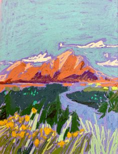 an oil painting of mountains with flowers in the foreground